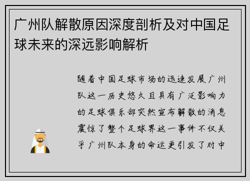广州队解散原因深度剖析及对中国足球未来的深远影响解析